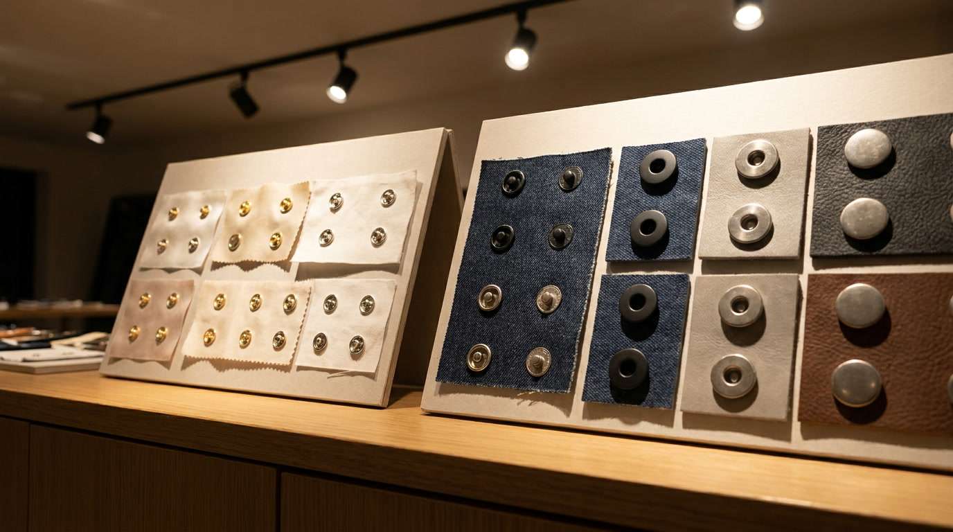 press fastener buttons, Press fastener buttons in different sizes, colors, and finishes are mounted on sample boards for display.